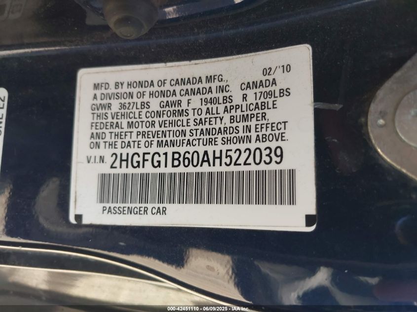 2010 Honda Civic Lx VIN: 2HGFG1B60AH522039 Lot: 42451110