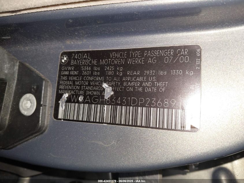 2001 BMW 740Il VIN: WBAGH83431DP23689 Lot: 42451179
