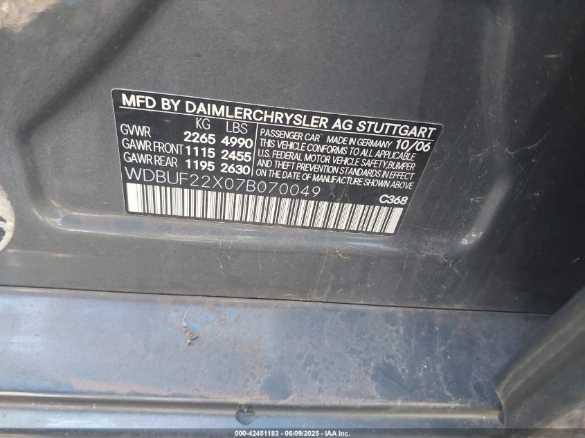 2007 Mercedes-Benz E 320 Bluetec VIN: WDBUF22X07B070049 Lot: 42451183