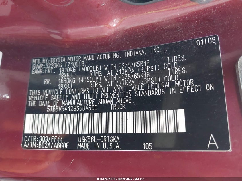 2008 TOYOTA TUNDRA VIN: 5TBBV54128S504500