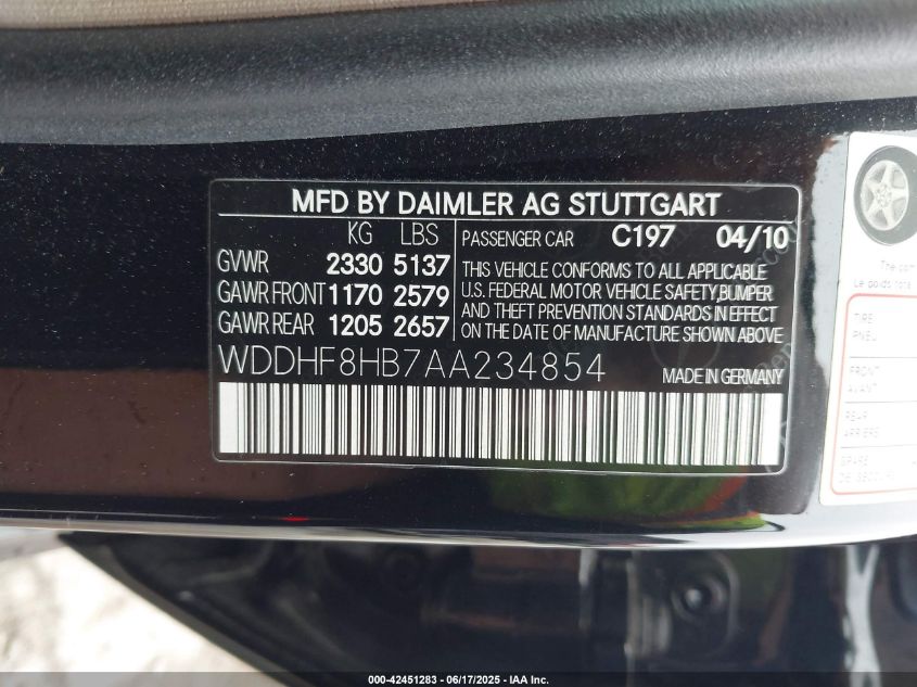 2010 Mercedes-Benz E 350 4Matic VIN: WDDHF8HB7AA234854 Lot: 42451283