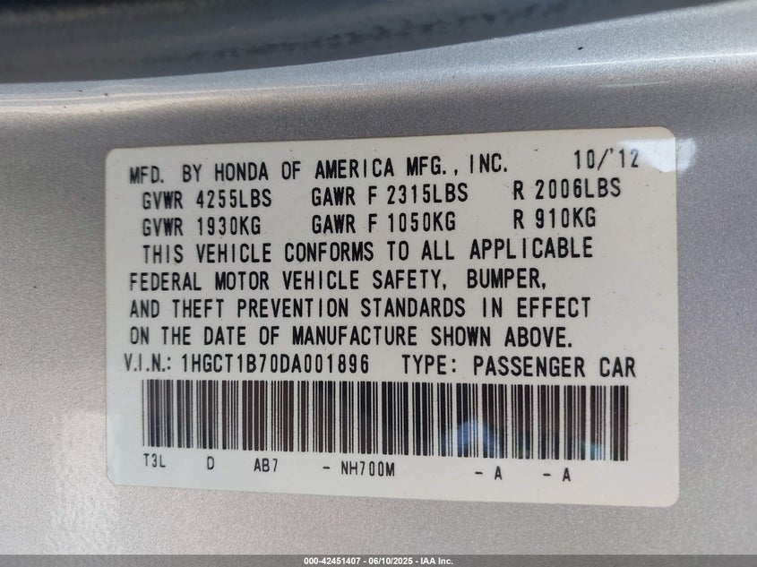 2013 HONDA ACCORD VIN: 1HGCT1B70DA001896