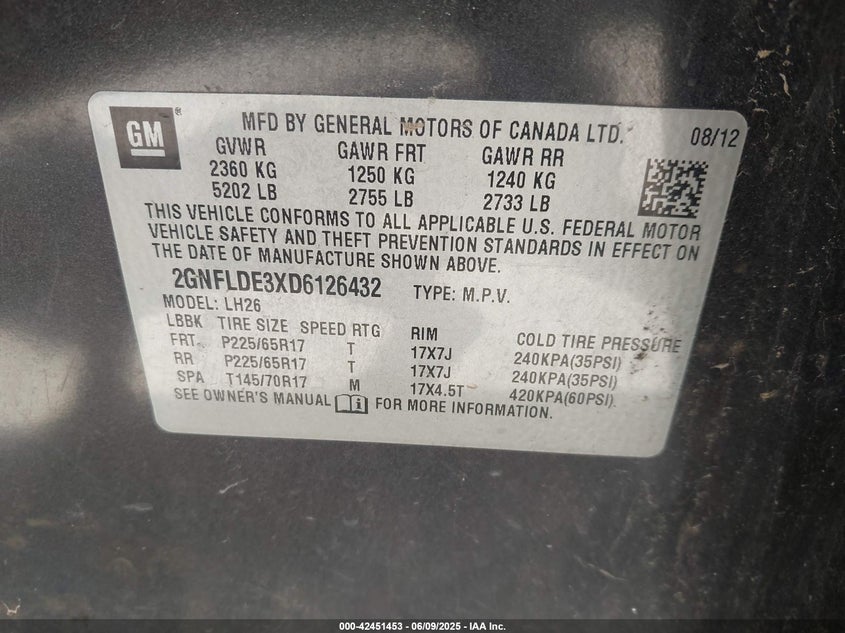 2013 CHEVROLET EQUINOX VIN: 2GNFLDE3XD6126432