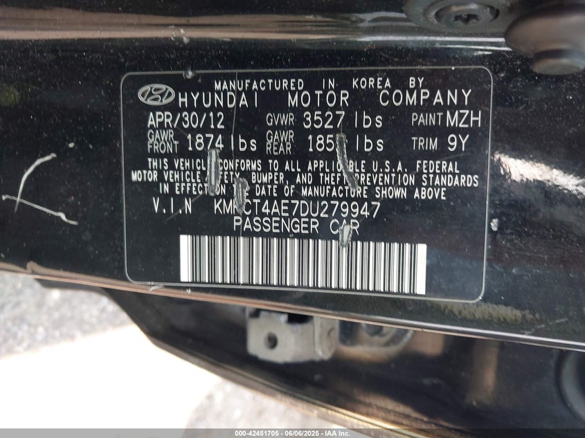 2013 HYUNDAI ACCENT VIN: KMHCT4AE7DU279947
