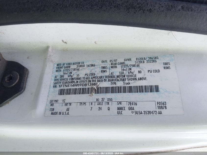 2007 Ford E-150 Commercial/Recreational VIN: 1FTNE14W07DB13980 Lot: 42451731