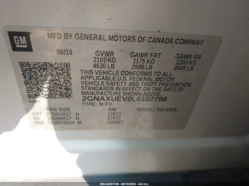 2020 CHEVROLET EQUINOX AWD LT 1.5L TURBO - 2GNAXUEV0L6102798