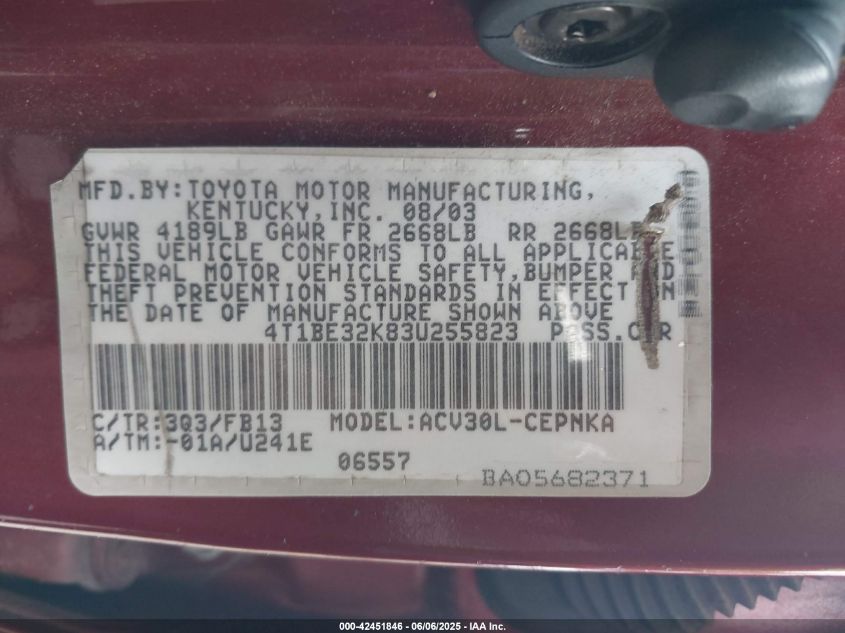 2003 Toyota Camry Le VIN: 4T1BE32K83U255823 Lot: 42451846