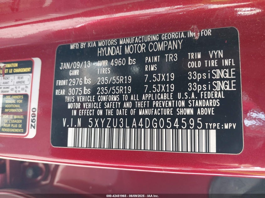 2013 Hyundai Santa Fe Sport 2.0T VIN: 5XYZU3LA4DG054595 Lot: 42451965