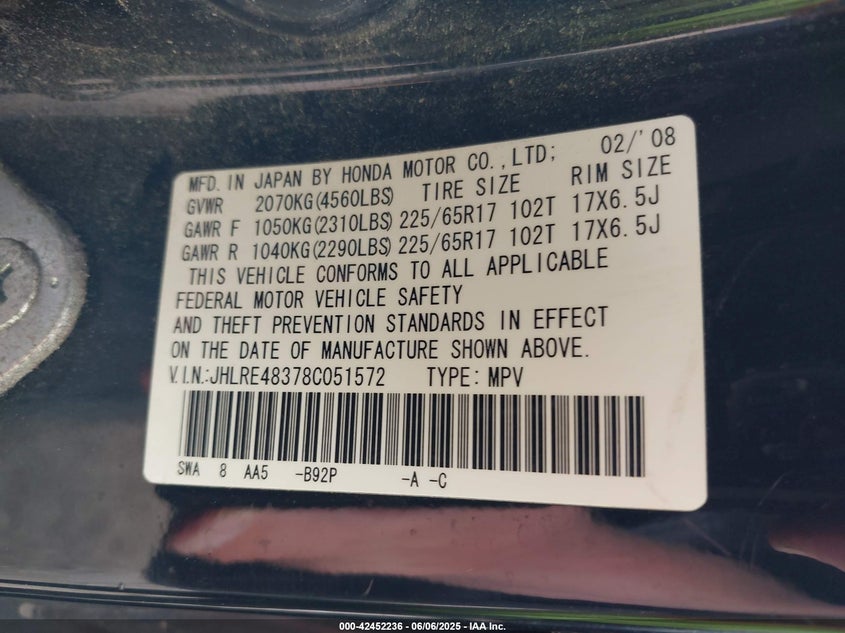 2008 HONDA CR-V VIN: JHLRE48378C051572