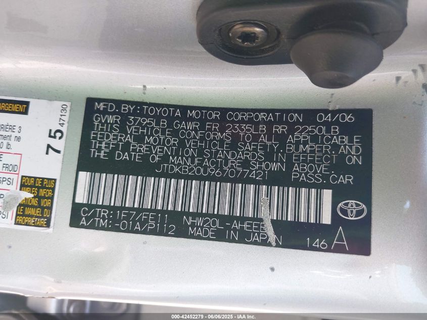 2006 Toyota Prius VIN: JTDKB20U967077421 Lot: 42452279