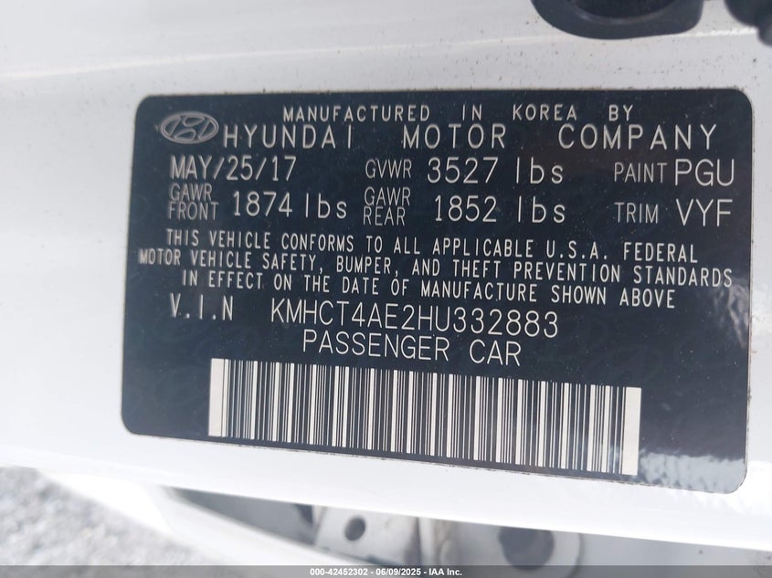 KMHCT4AE2HU332883 2017 HYUNDAI ACCENT photo no. 9