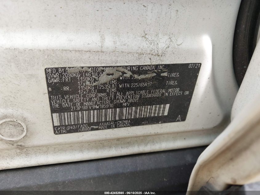 2021 Toyota Rav4 Xle VIN: 2T3P1RFV1MW185910 Lot: 42452565