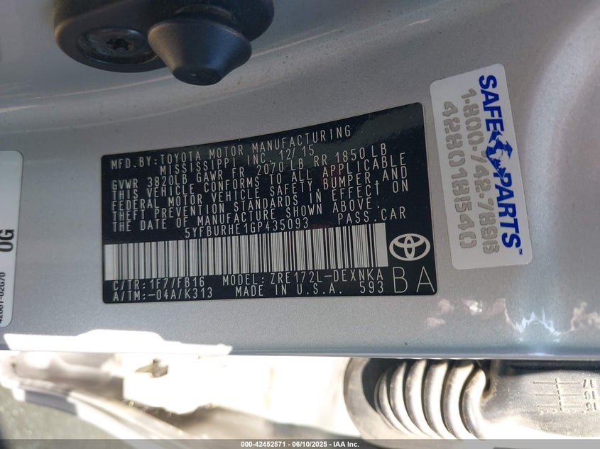 2016 TOYOTA COROLLA VIN: 5YFBURHE1GP435093