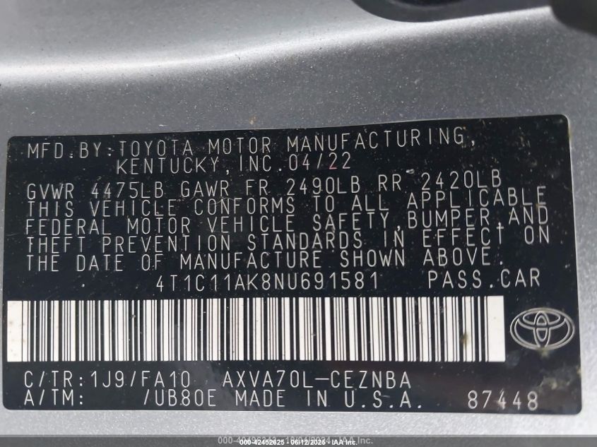 2022 Toyota Camry Le VIN: 4T1C11AK8NU691581 Lot: 42452625