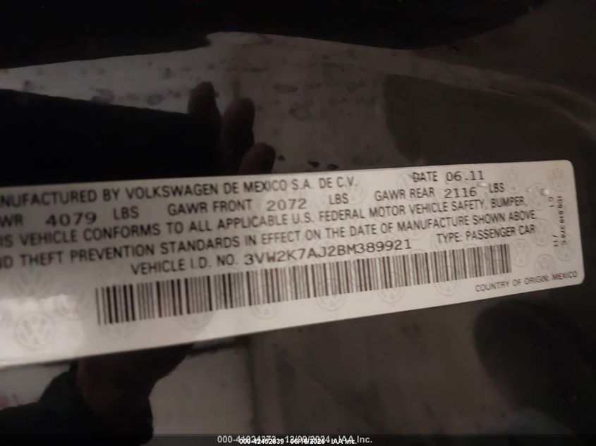 2011 Volkswagen Jetta 2.0L S VIN: 3VW2K7AJ2BM389921 Lot: 42452839