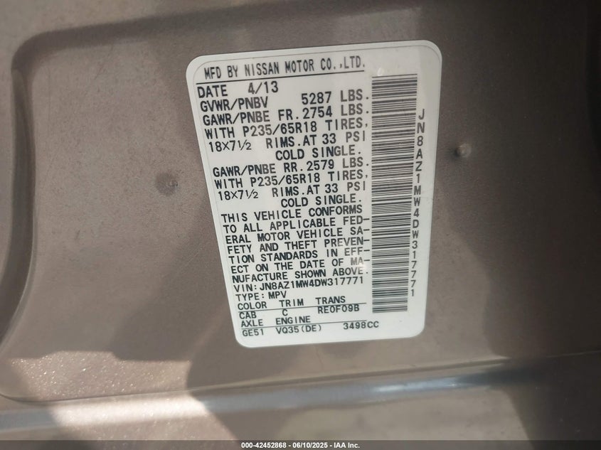 2013 NISSAN MURANO VIN: JN8AZ1MW4DW317771