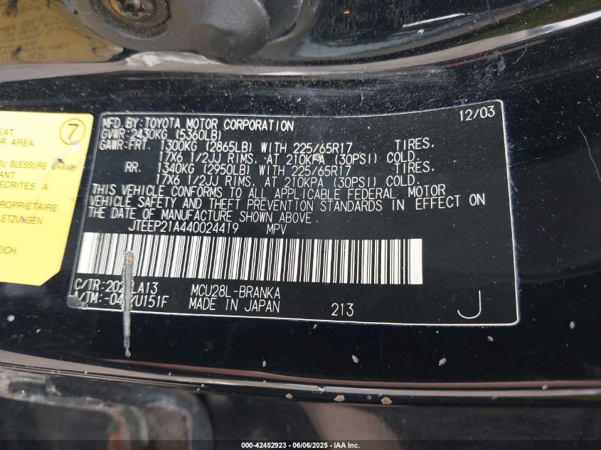 2004 Toyota Highlander Limited V6 VIN: JTEEP21A440024419 Lot: 42452923