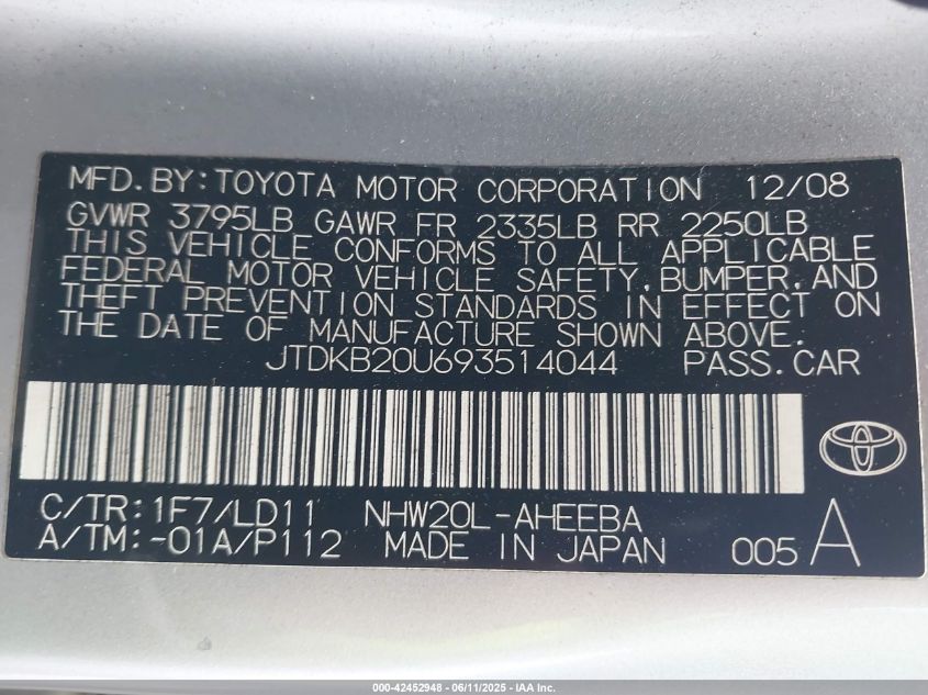 2009 Toyota Prius VIN: JTDKB20U693514044 Lot: 42452948
