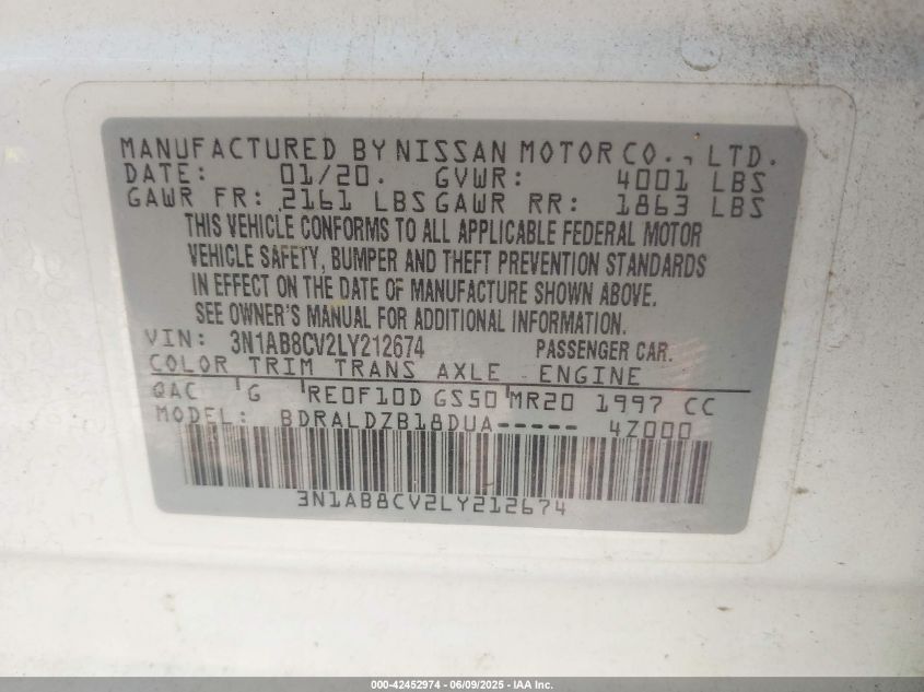 2020 Nissan Sentra Sv Xtronic Cvt VIN: 3N1AB8CV2LY21267 Lot: 42452974