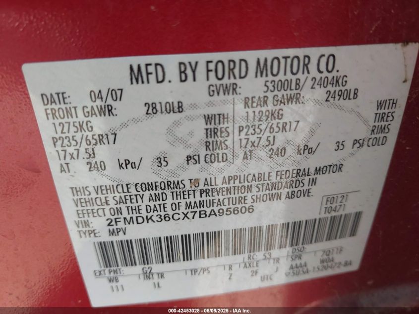 2007 Ford Edge Se VIN: 2FMDK36CX7BA95606 Lot: 42453028