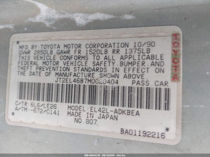 1991 Toyota Tercel Std VIN: JT2EL46B7M0020404 Lot: 42453139