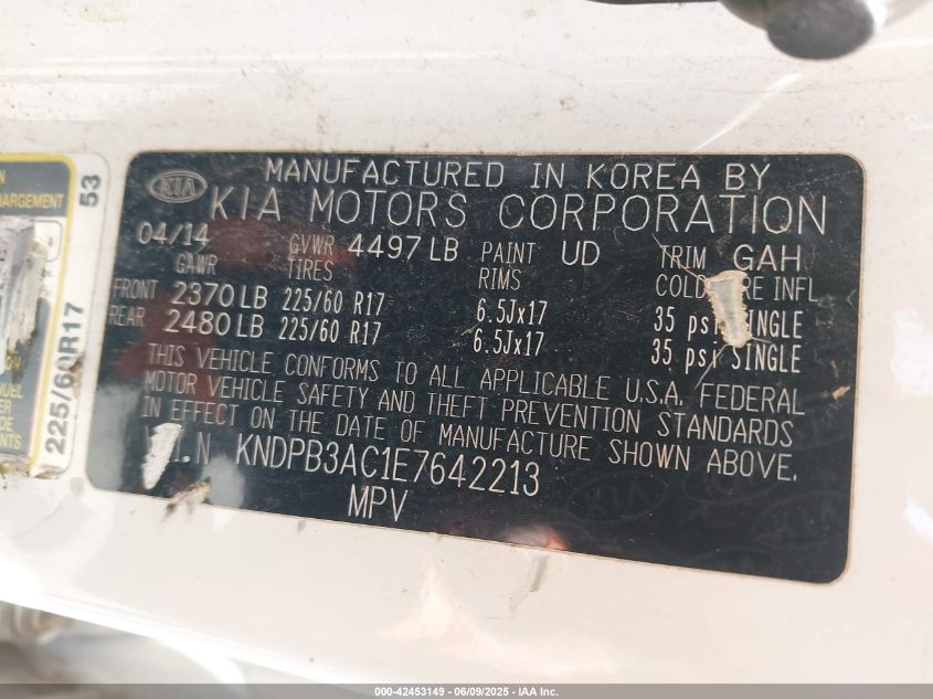 2014 Kia Sportage Lx VIN: KNDPB3ACIE7642213 Lot: 42453149