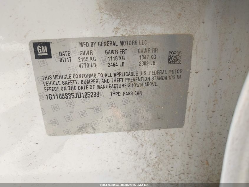 2018 Chevrolet Impala 1Lt VIN: 1G1105S35JU105239 Lot: 42453154