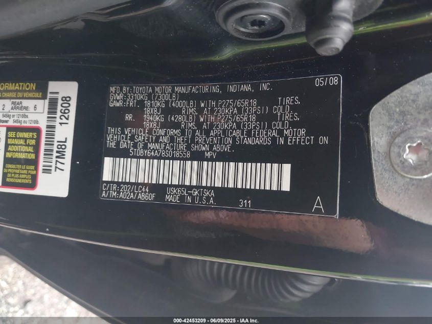 2008 Toyota Sequoia Sr5 5.7L V8 VIN: 5TDBY64A78S018558 Lot: 42453209