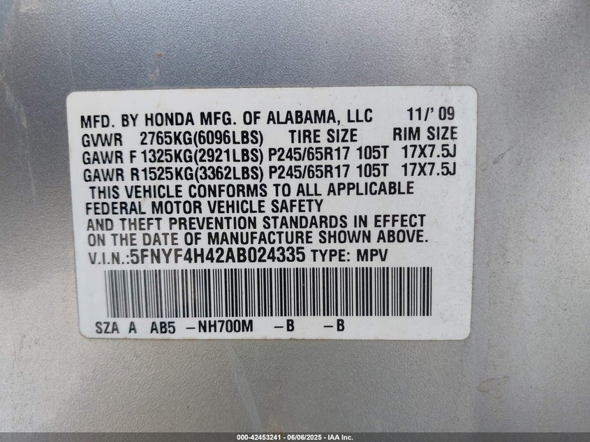 2010 HONDA PILOT VIN: 5FNYF4H42AB024335
