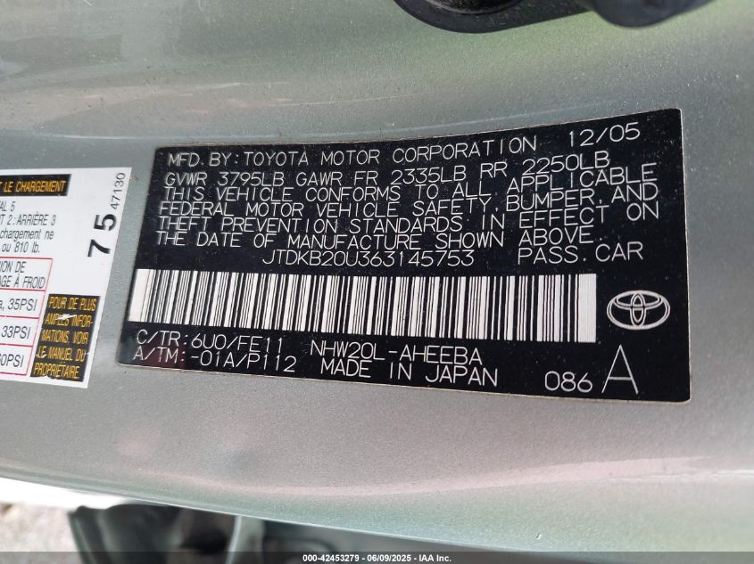 2006 Toyota Prius VIN: JTDKB20U363145753 Lot: 42453279