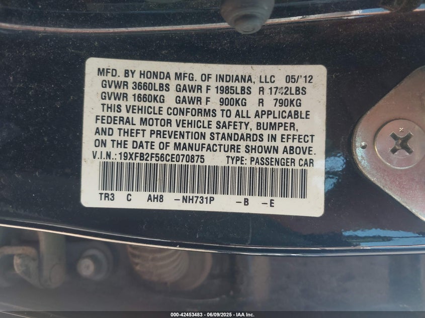 2012 HONDA CIVIC VIN: 19XFB2F56CE070875