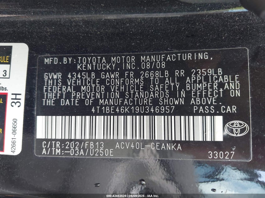 2009 TOYOTA CAMRY VIN: 4T1BE46K19U346957