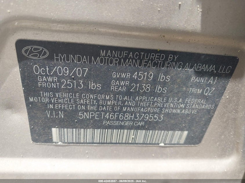 2008 HYUNDAI SONATA VIN: 5NPET46F68H379553