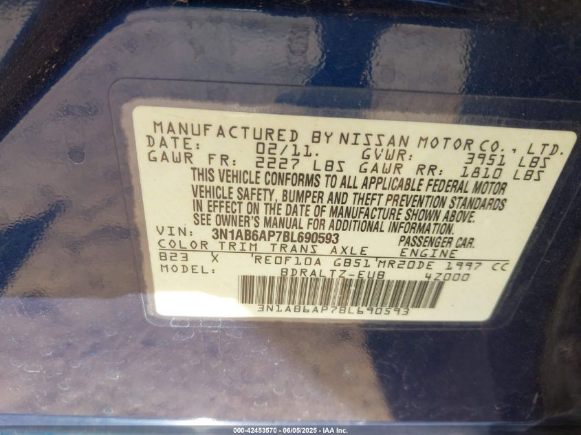 2011 Nissan Sentra 2.0S VIN: 3N1AB6AP7BL690593 Lot: 42453570