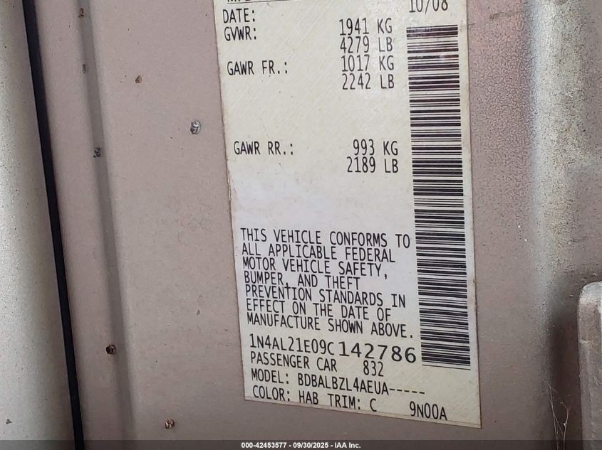 2009 Nissan Altima 2.5 S VIN: 1N4AL21E09C142786 Lot: 42453577