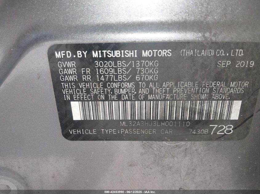 2020 Mitsubishi Mirage Es/Se VIN: ML32A3HJ3LH001110 Lot: 42453998