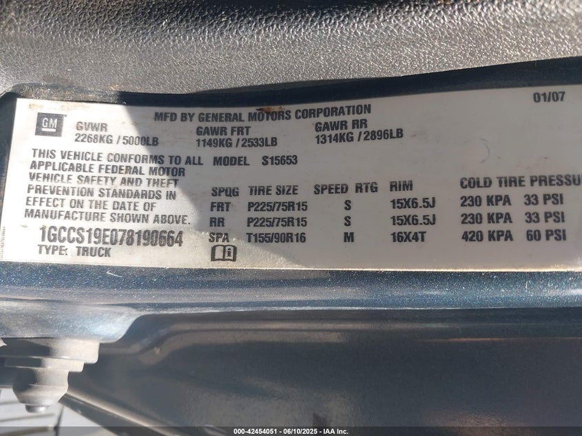 2007 CHEVROLET COLORADO VIN: 1GCCS19E078190664