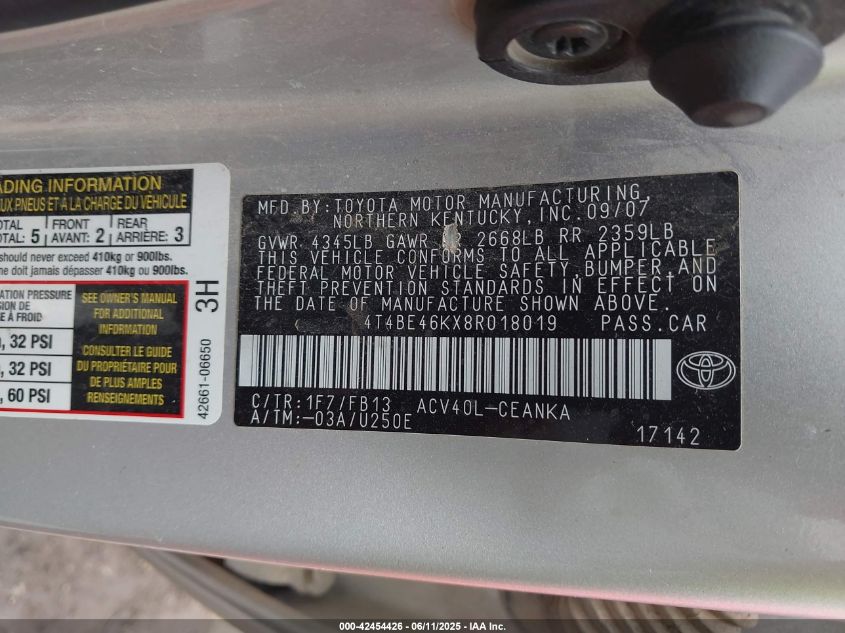 2008 Toyota Camry VIN: 4T4BE46KX8R018019 Lot: 42454426