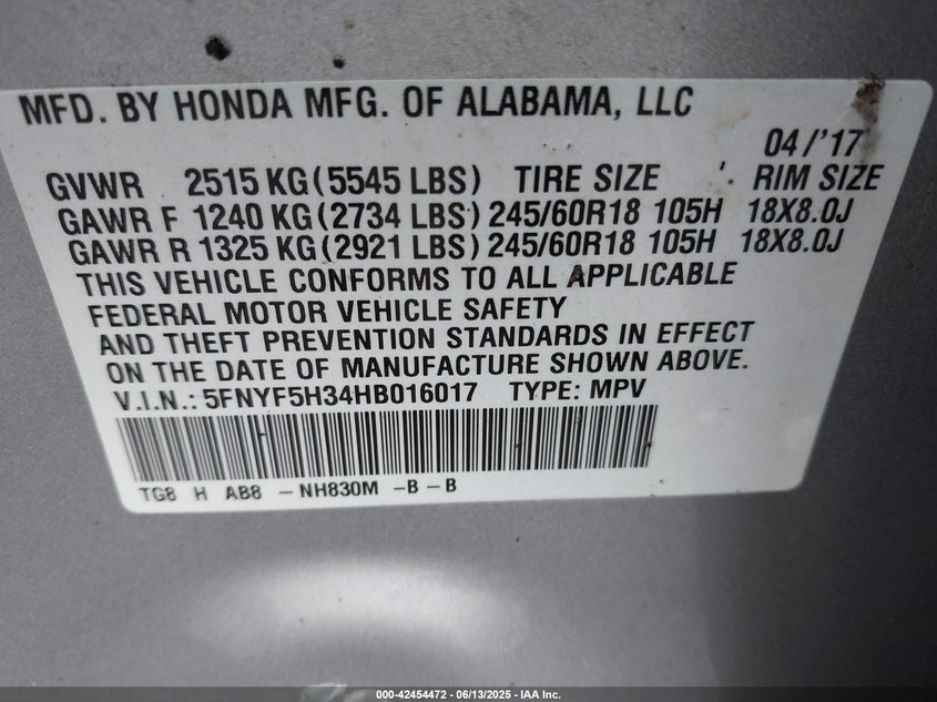 2017 HONDA PILOT EX - 5FNYF5H34HB016017