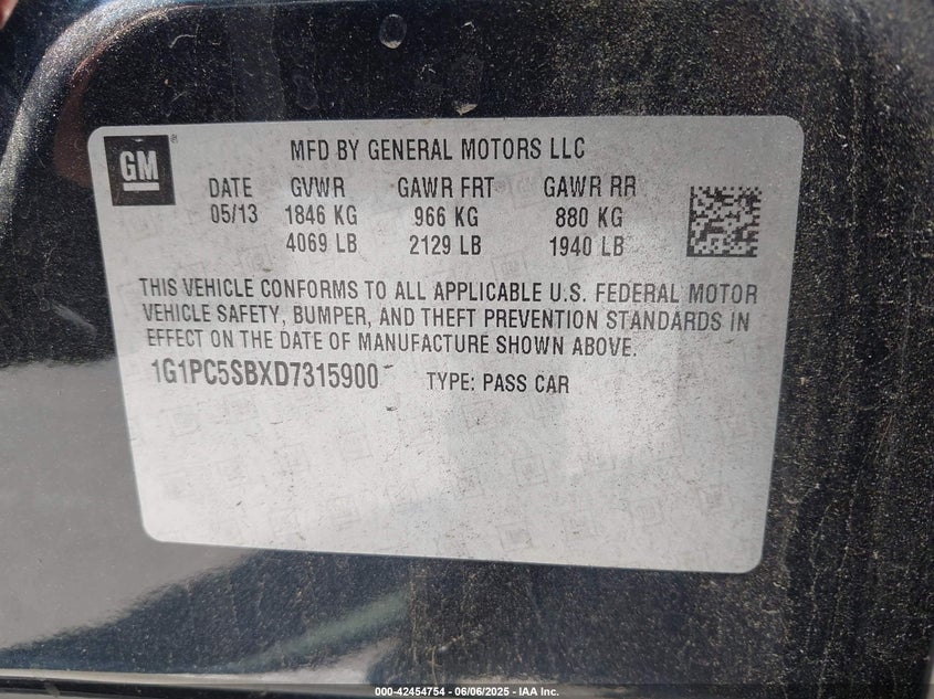 2013 CHEVROLET CRUZE VIN: 1G1PC5SBXD7315900