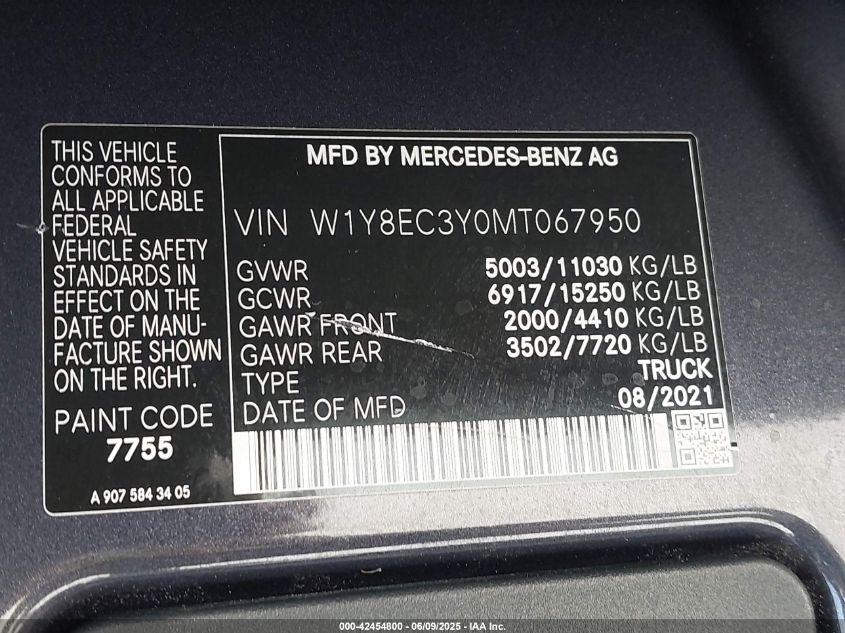 2021 Mercedes-Benz Sprinter 3500Xd High Roof V6 VIN: W1Y8EC3Y0MT067950 Lot: 42454800
