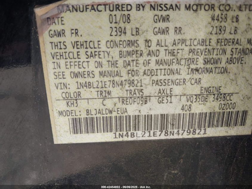 2008 Nissan Altima 3.5 Se VIN: 1N4BL21E78N479821 Lot: 42454802