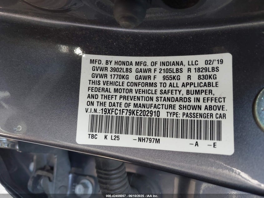 2019 HONDA CIVIC VIN: 19XFC1F79KE202910
