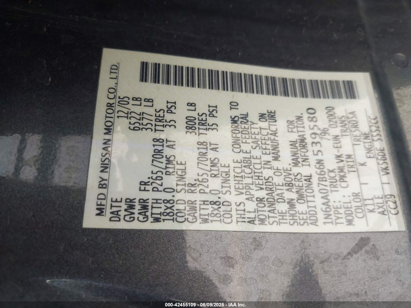 2006 NISSAN TITAN VIN: 1N6AA07B66N539580