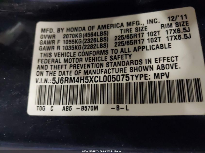 2012 Honda Cr-V Ex VIN: 5J6RM4H5XCL005075 Lot: 42455117