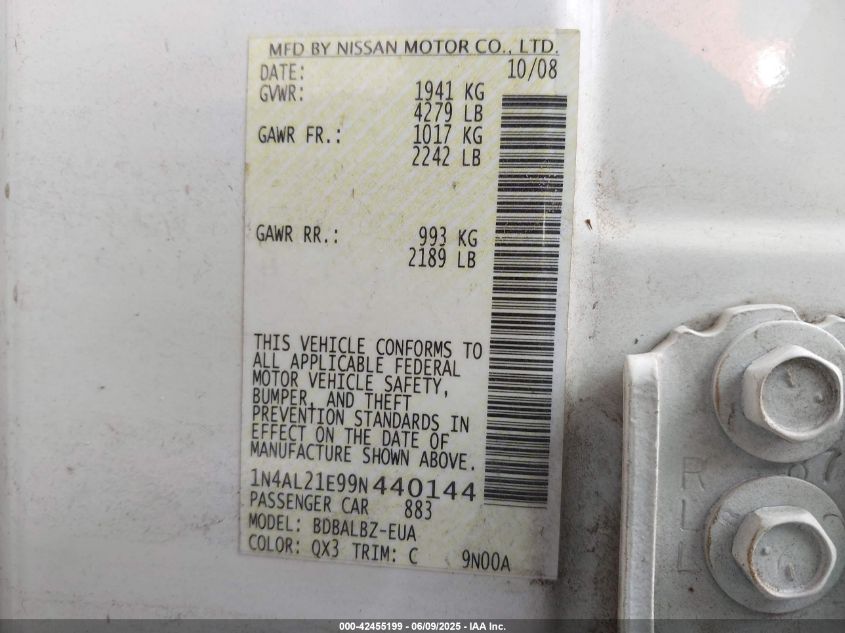 2009 Nissan Altima 2.5 S VIN: 1N4AL21E99N440144 Lot: 42455199