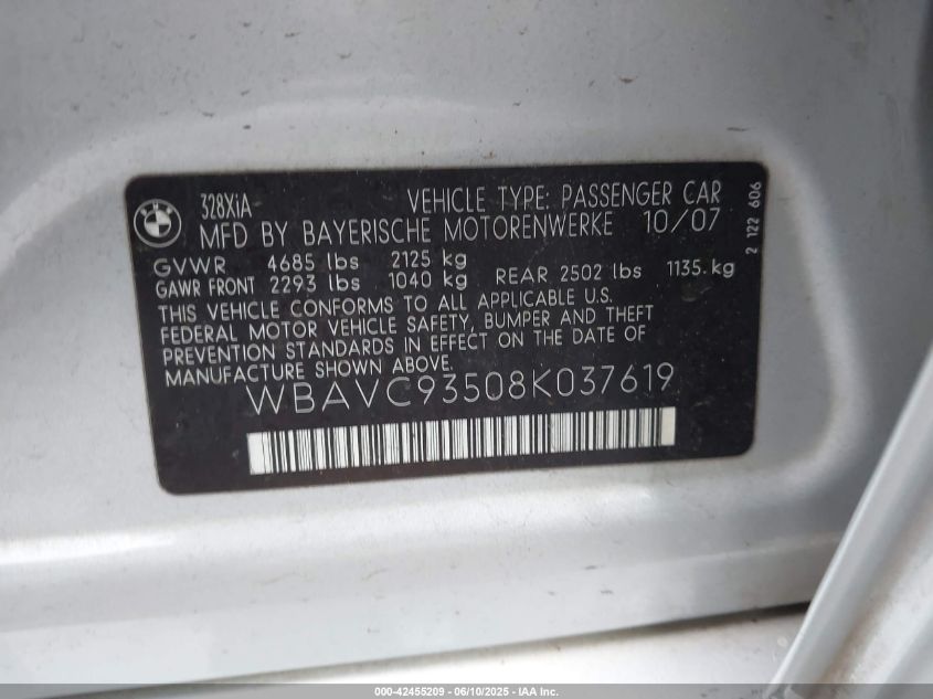 2008 BMW 328 Xi VIN: 00WBAVC93508K0619 Lot: 42455209