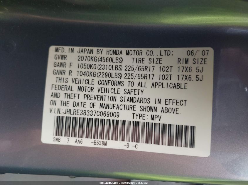 2007 Honda Cr-V Lx VIN: JHLRE38337C069009 Lot: 42455409