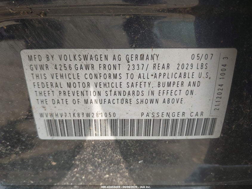 2007 VOLKSWAGEN GTI VIN: WVWHV71K87W281050