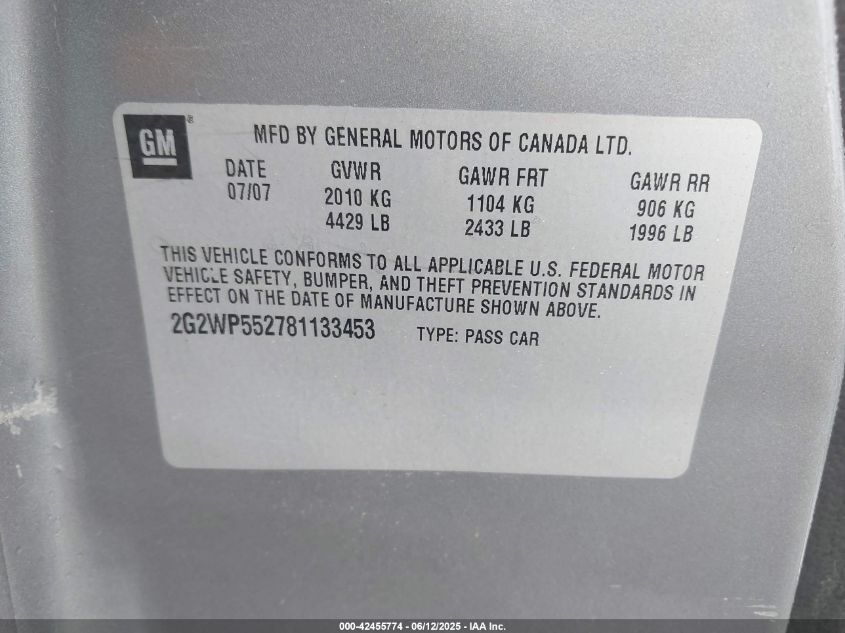 2008 Pontiac Grand Prix VIN: 2G2WP552781133453 Lot: 42455774